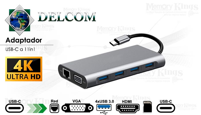 Docking Station USB-C DELCOM 11in1 4K Hub