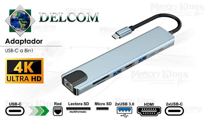 Docking Station USB-C DELCOM 4K HUB 8-IN-1