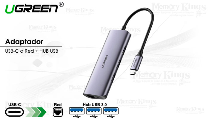 ADAPTADOR USB-C a RED +HUB 3pt|USB UGREEN CM252