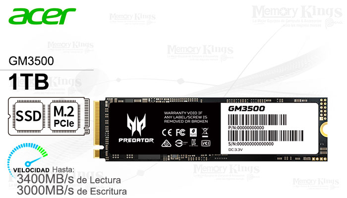 UNIDAD SSD M.2 PCIe 1TB ACER PREDATOR GM3500