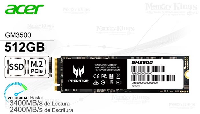 UNIDAD SSD M.2 PCIe 512GB ACER PREDATOR GM3500