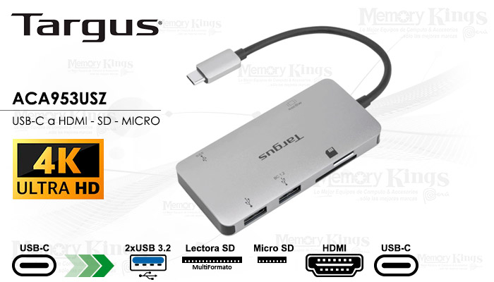 ADAPTADOR USB-C a HDMI|USB|SD TARGUS ACA953USZ 4K