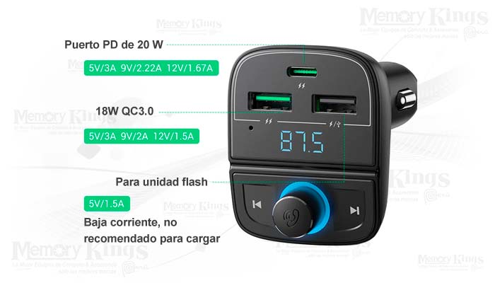 Transmisor FM - INF Adaptador Bluetooth con cargador de coche QC3.0 con  transmisor FM
