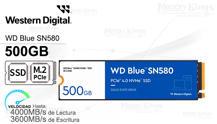 UNIDAD SSD M.2 PCIe 500GB WD Blue SN580