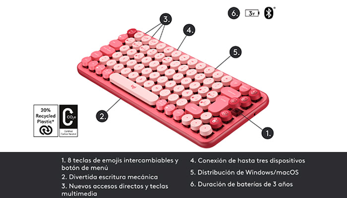 Teclado Bluetooth Multidispositivos Logitech POP Keys Coral Rose / Teclas  para Emojis Intercambiables / Español / 920-010715 /