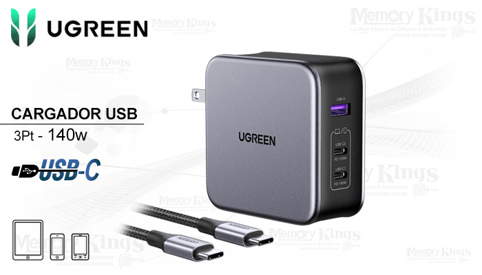 CARGADOR DE PARED 2pt-USB-C 1pt|USB UGREEN CD289(140W)