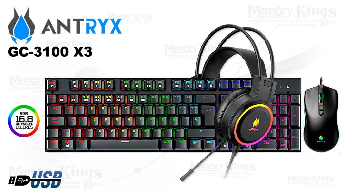 TECLADO+MOUSE+ AURICULAR Gaming ANTRYX GC-3100 X3 SWITCH MECANICO RED BLACK