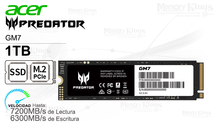 UNIDAD SSD M.2 PCIe 1TB ACER PREDATOR GM7
